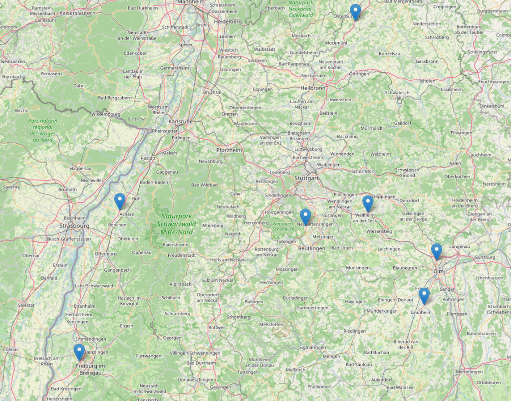 Map of carpool sites in Baden-Württemberg in the Sensade dashboard