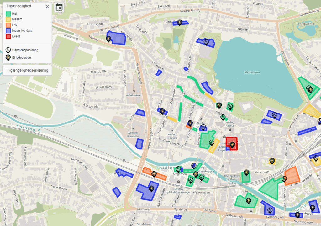 Map of parking areas in Kolding in the Sensade dashboard