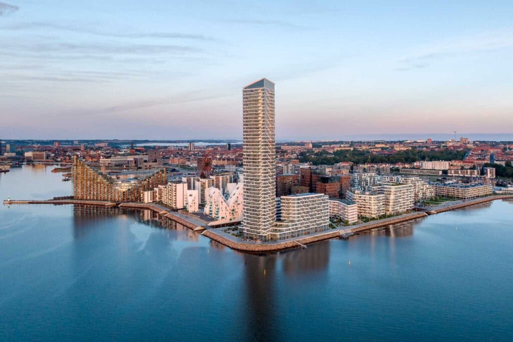 Aarhus harbour skyline at dusk