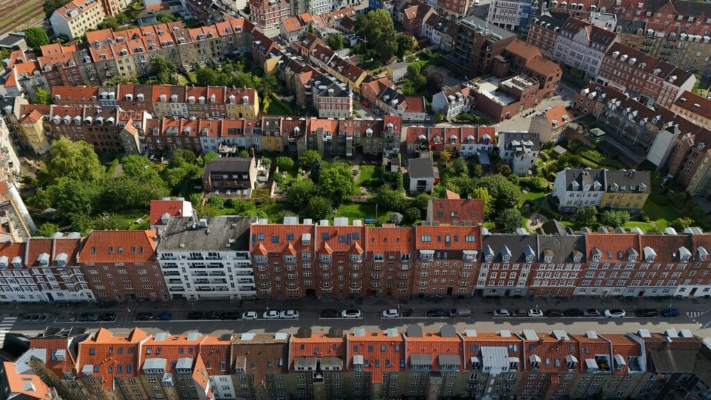 Aerial view of residential rooftops in Aarhus