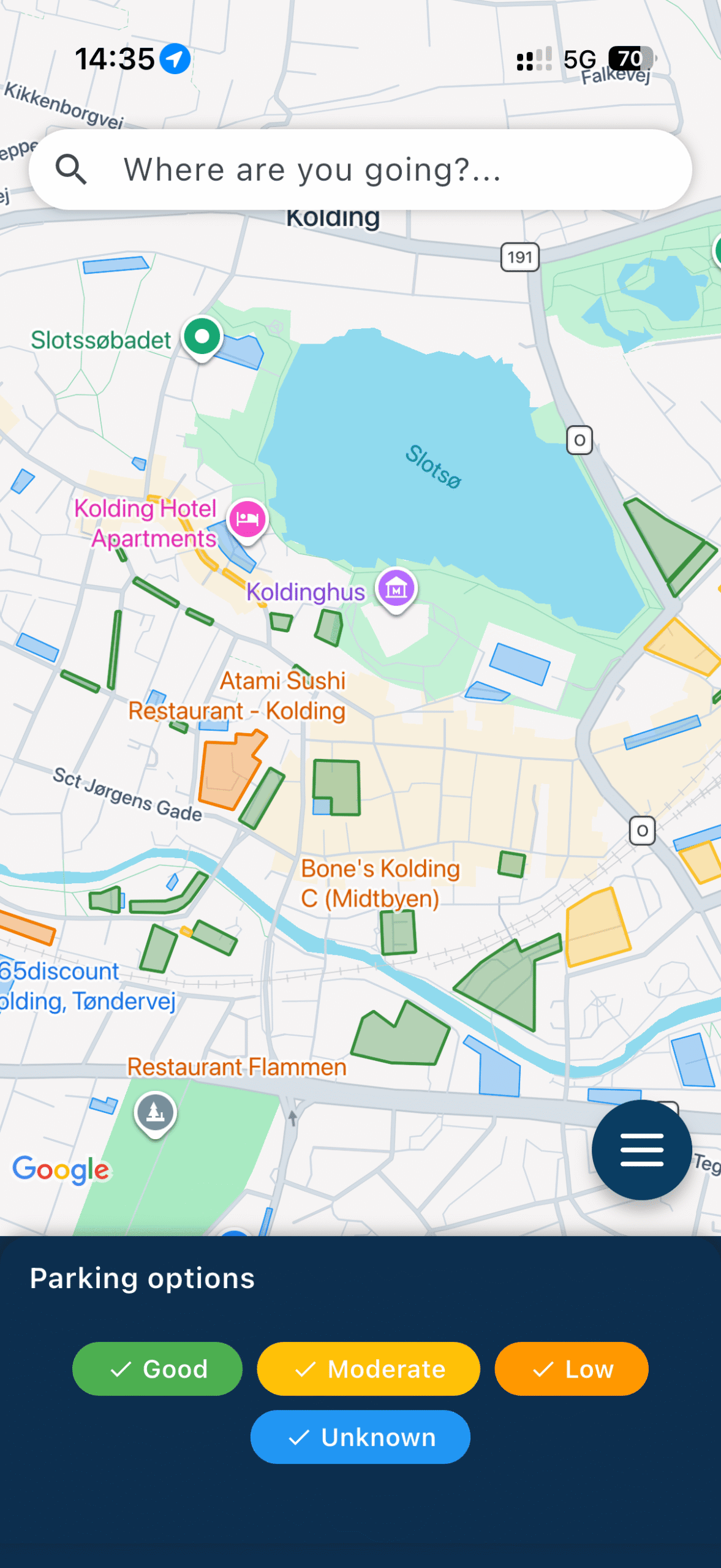 Parking app map showing available parking spaces