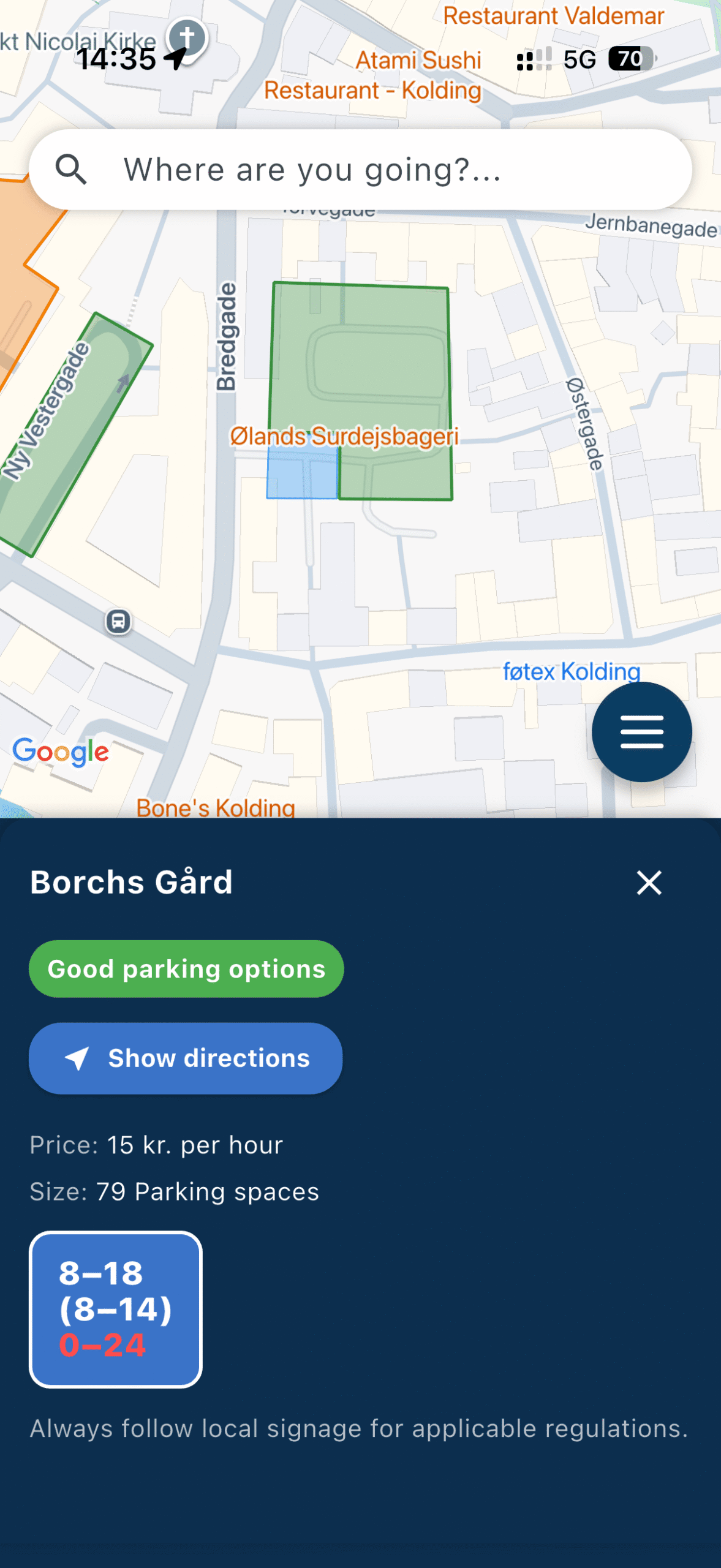 Parking app showing details for a parking area