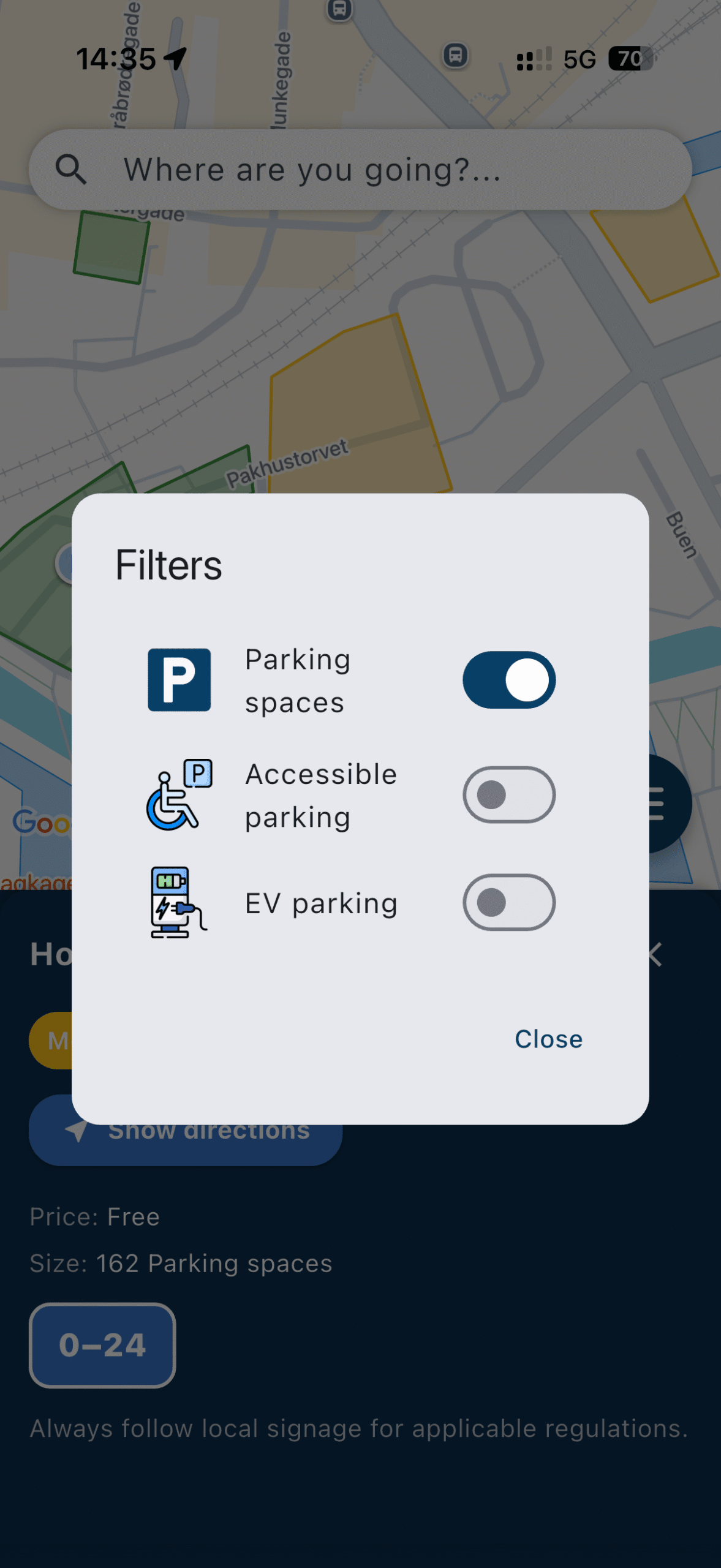Parking app filter options for accessible and EV charging spaces