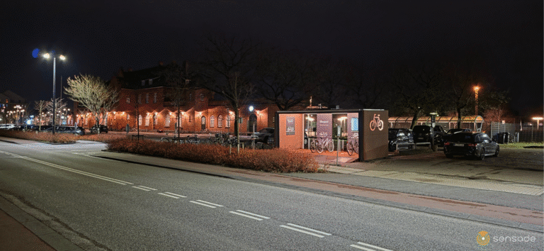 The BikePod bicycle parking facility at Odder Station at night