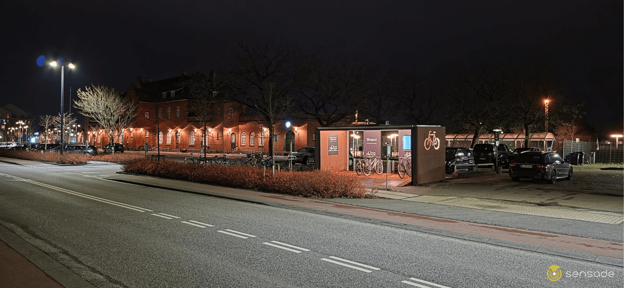 The BikePod bicycle parking facility at Odder Station at night